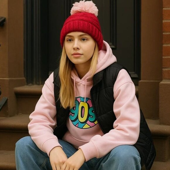 LA Hearts Red Knit Beanie Hat One Size with Pink Pom Pom PacSun Cozycore - Picture 5 of 7